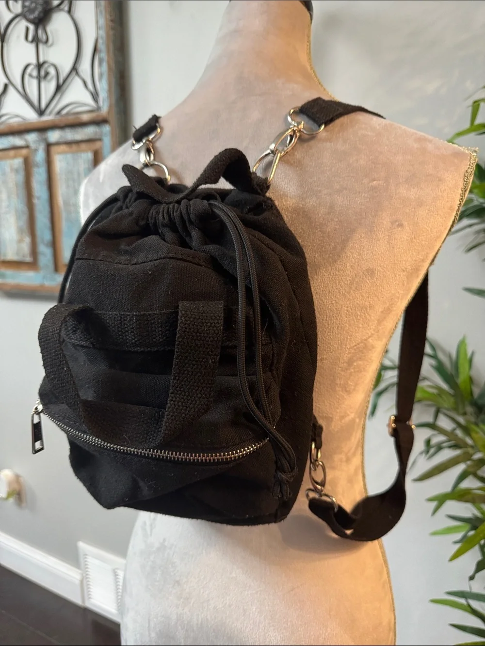 Madden Girl Black Canvas Drawstring Backpack with Front Zip Pocket